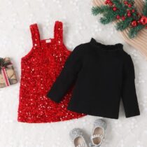 Toddler Girl Baby Red Sequin Dress With Black Top