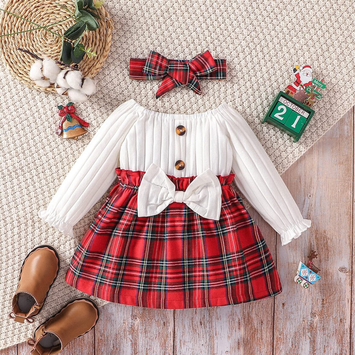 Baby Girl And Toddler Girl White And Red plaid Bow Dress With Hair Band