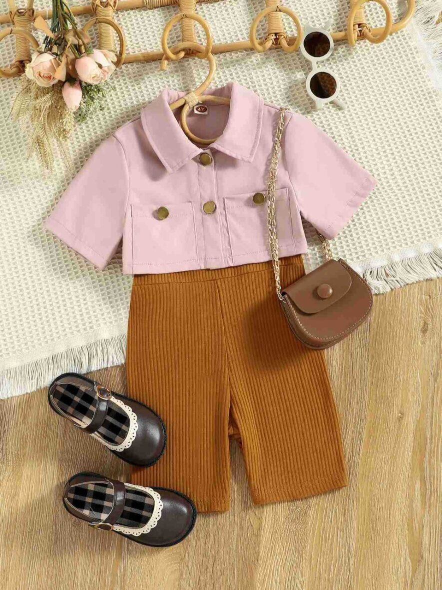 Peach Top With Brown Play Suit For Toddler Girl.