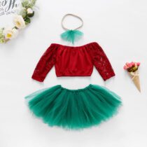 Red Top And Green Tutu Skirt With Hair Band