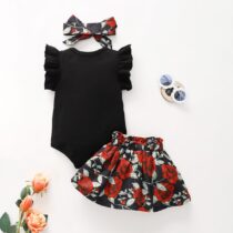 Toddlers And Baby Girl Black Pin Down Top With Flora Hibscuss Skirt