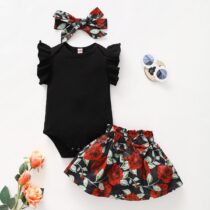 Toddlers And Baby Girl Black Pin Down Top With Flora Hibscuss Skirt1