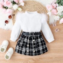 Toddlers And Baby Girl White Top with Plaid Skirt And Belt Casual Wears