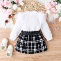 Toddlers And Baby Girl White Top with Plaid Skirt And Belt Casual Wears