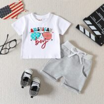 Baby Boy 2pcs American Boy, Casual Wears, T-Shirt And Grey Pant Short