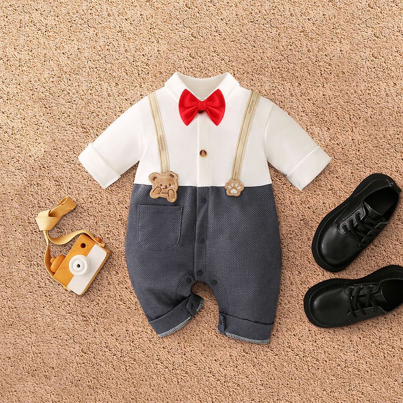 Baby Boy White/Grey Gentleman Romper With Red Bow Tie, New Born Wears
