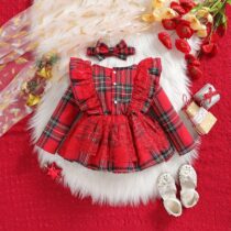 Baby Girl Web Net Plaid Romper With Hair Band