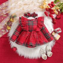Baby Girl Web Net Plaid Romper With Hair Band