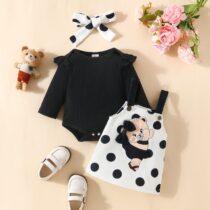 Baby Girl And Toddler Girl Black Pin Down Top With Teddy Polka Dung And Hair Band