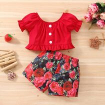 Red Crop Top With Flowering Short/Pant