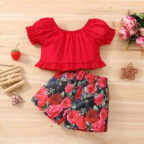 Red Crop Top With Flowering Short/Pant