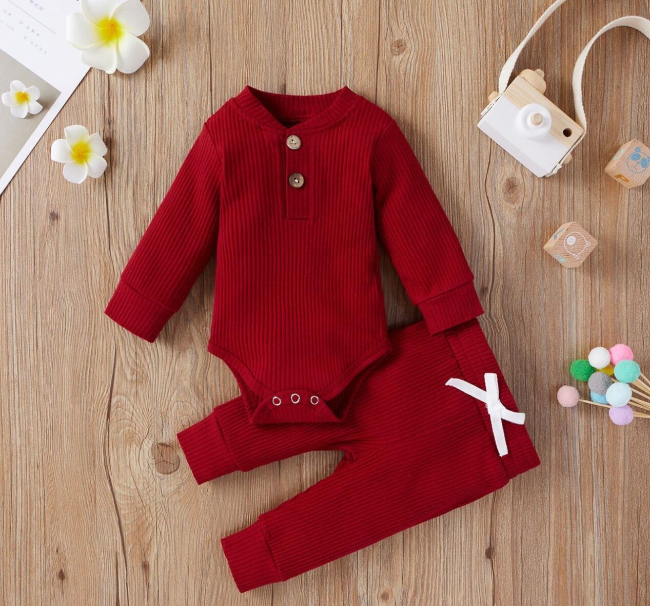Baby Ribbed Color On Color Wine Cute Knitted Pin Down  2pcs