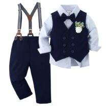 Toddler Boy And Baby boy Cooperate wears Navy Waist Coat Pant Trouser Bow Tie Broch Suspender Set