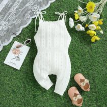 Toddler Girl, Baby Girl Knitted White Jumpsuit, Casual Wears,