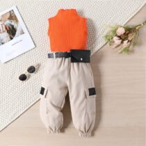 Toddler Girl Orange Sleeveless Turtle Top With Cream TrouserPant And Black Belt
