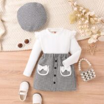 Toddler Girl White Top Bow Checked 3pcs, Girl Casual Wears