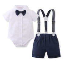 White Pin Down Shirt With Bow Tie And Navy Short Pant For Baby And Toddler boy