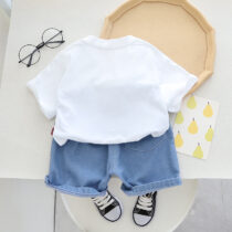 White Roll Out T-Shirt With Patched Denim Short