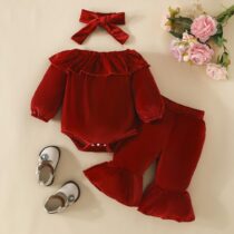 Wine suede baby toodler 2pcs set pin down top and trouser