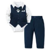 Baby Boy Polka Dot Pin Down Shirt With Navy Blue Trouser And Waist Coat Set