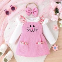 Baby Girl White Pin Down Top With Pink Cat Face Dung