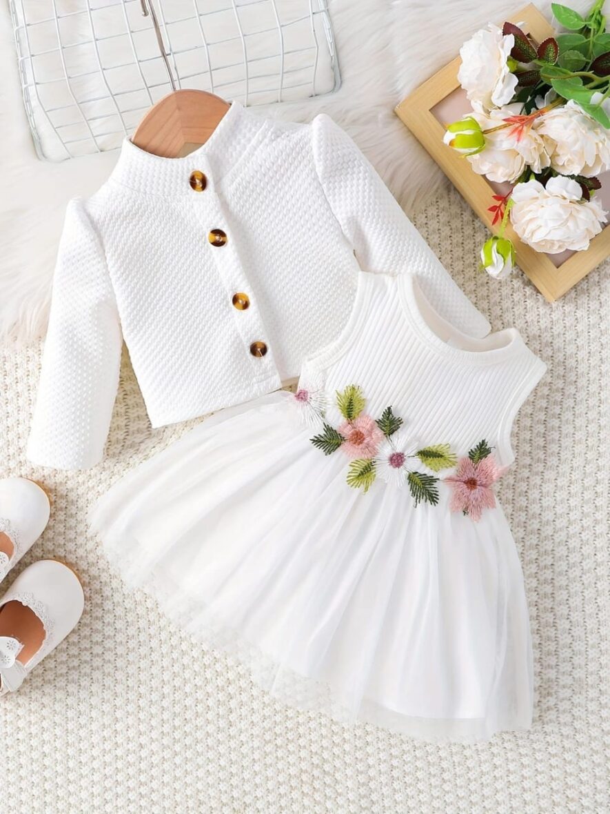 Baby Girl Flower Embroidery Jacket With Dress White  2pcs