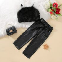 Fur Crop Top + Leaather Pant/Trouser