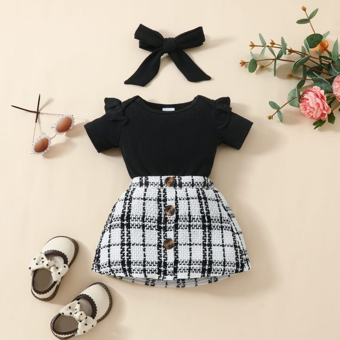 New Born, Baby Girl Black Top With Plaid Skirt 2pcs