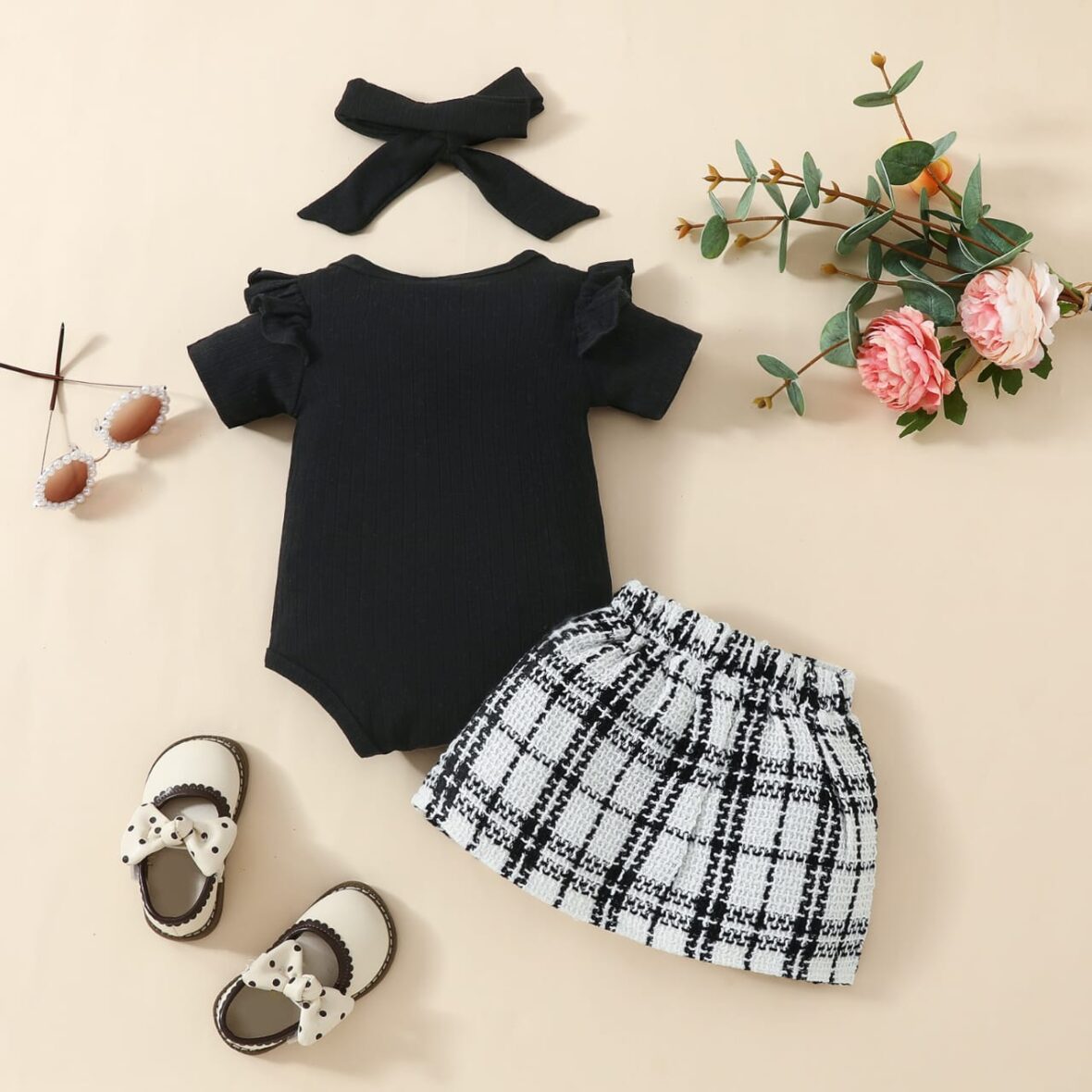 New Born, Baby Girl Black Top With Plaid Skirt1