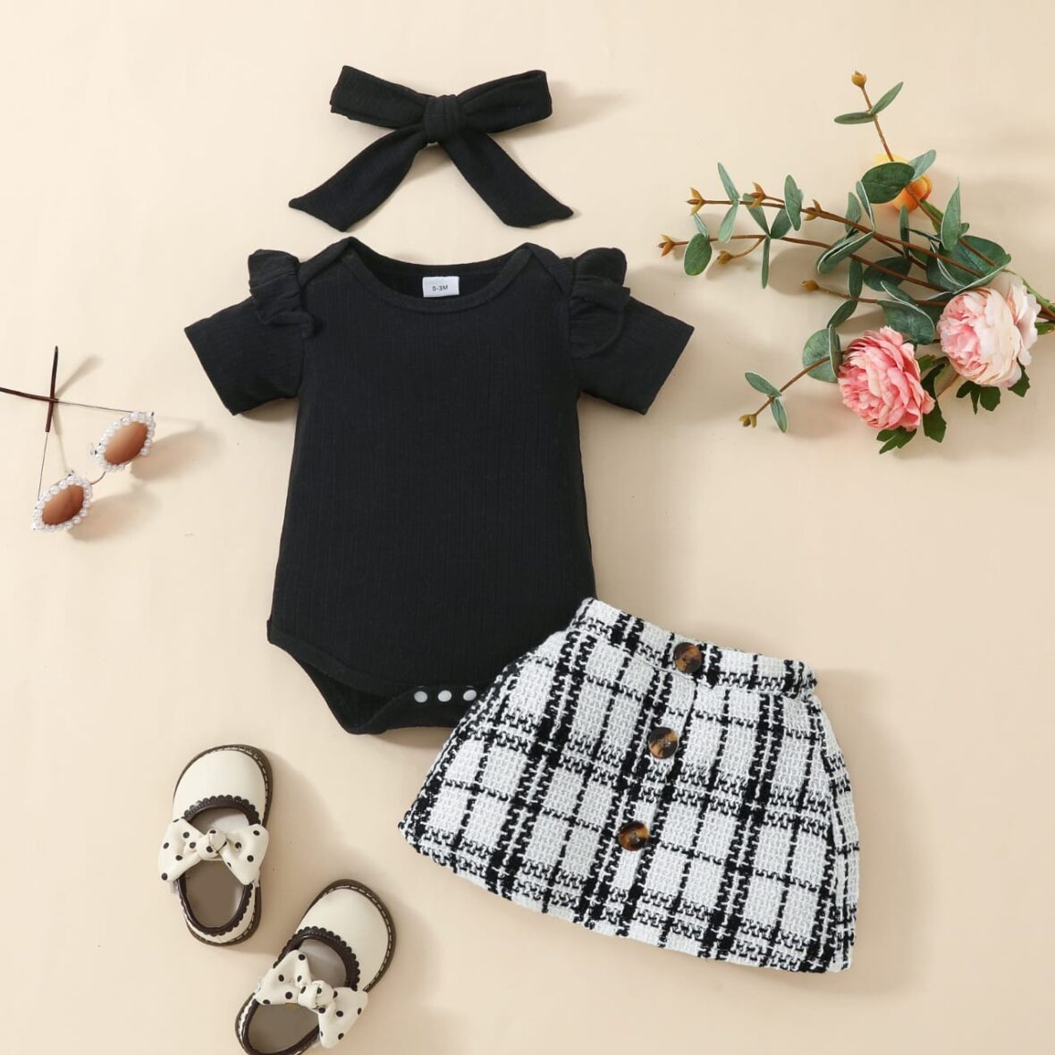 New Born, Baby Girl Black Top With Plaid Skirt2