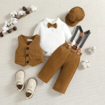 Toddler Baby Boy Mustard Waist Coat Set With Cap