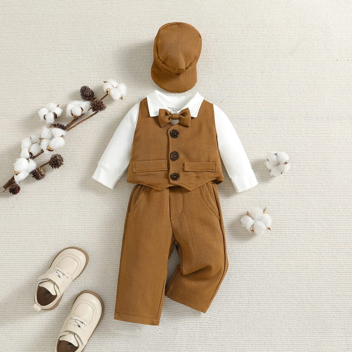 Toddler Baby Boy Mustard Waist Coat Set With Cap2