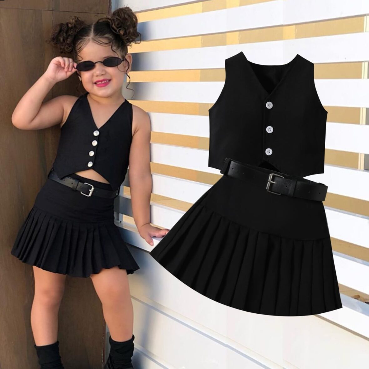 Toddler Girl Black Jacket Top With Skirt  Pleated And Belt