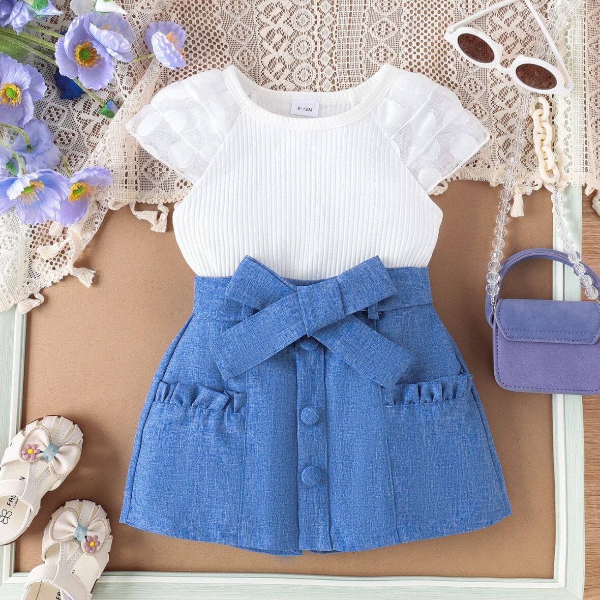 Baby Toddler Girl White Top With blue Skirt Mix Short 2pcs