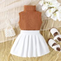 Baby Girl Toddler Girl Brown Turtle Neck Top With White Flare Skirt