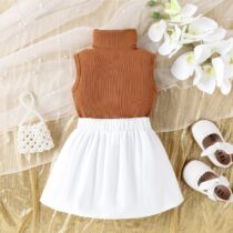 Baby Girl Toddler Girl Brown Turtle Neck Top With White Flare Skirt