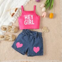 Baby Girl, Toddler Girl Hey Girl Pink Top With Denim Bow Love Short