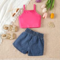 Baby Girl, Toddler Girl Hey Girl Pink Top With Denim Bow Love Short