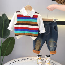 Toddler Boy 3pcs, White Shirt, Colorful Sweat Top And Denim Trouser
