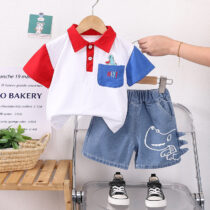 Toddler Boys Dino Hey! Red Collar Polo With Denim Short Pant 2pcs