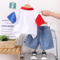 Toddler Boys Dino Hey! Red Collar Polo With Denim Short Pant 2pcs
