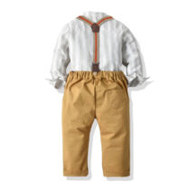 Toddler Boys Grey Plaid Shirt With Brown Trouser Pant And Suspender