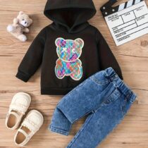 Toddler Girl And Baby Boy Black Hooded Squid Top With Denim Trouser Pant
