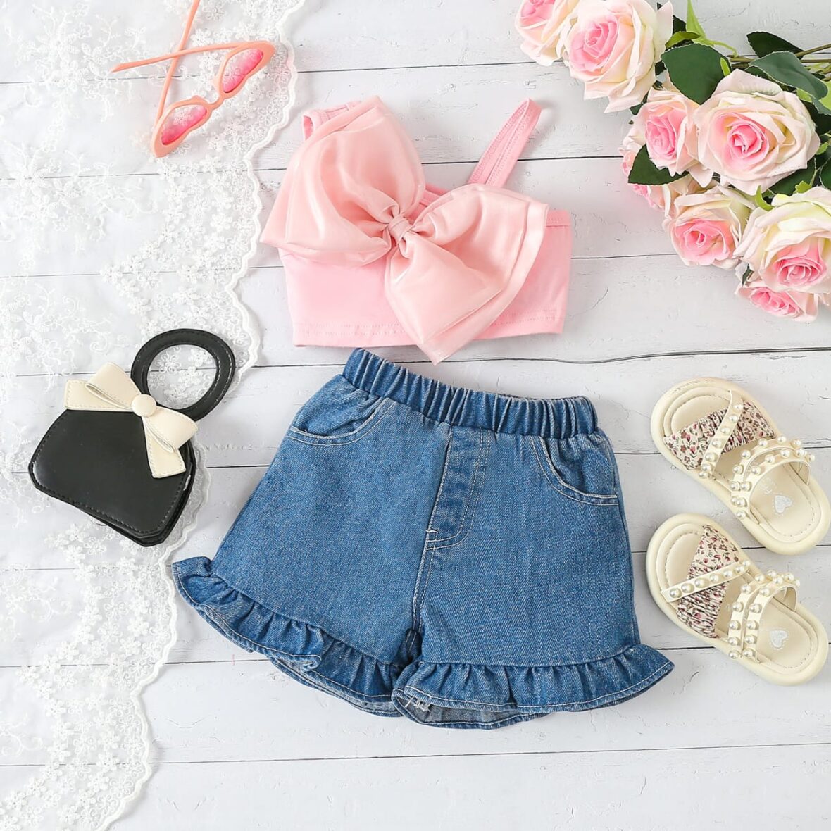Toddler Girl Peach Bow Top With Denim Short