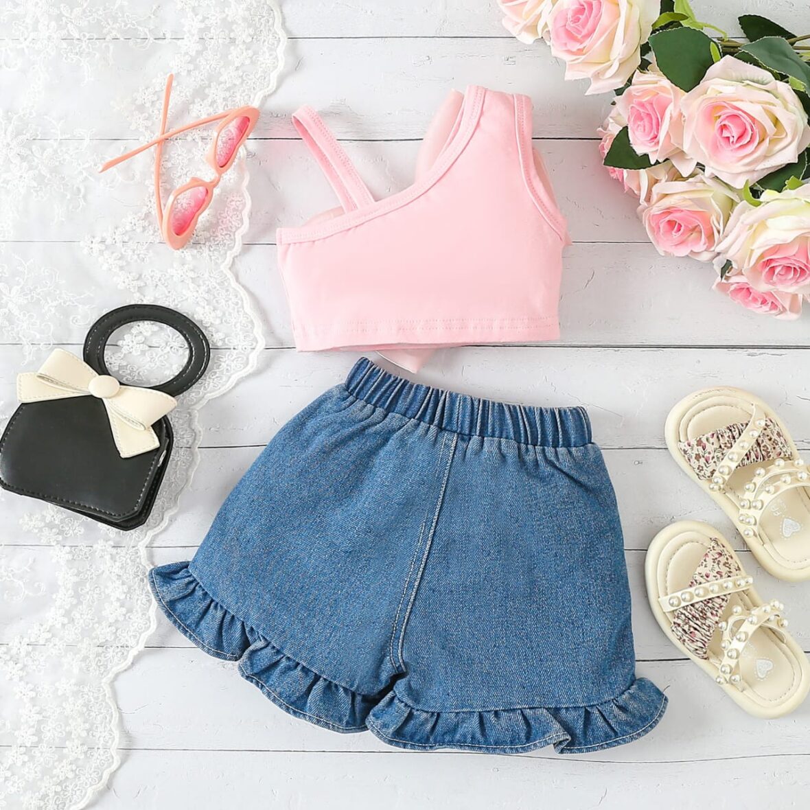 Toddler Girl Baby Girl Bow Pink Top With Denim Short (2)