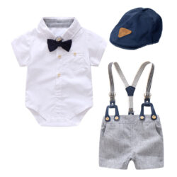 Baby Boy, Toddler boy White Pin Down Shirt With Grey Short And Suspended Set, Bow Tie