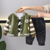 Boy Toddler Baby Green Leather Varsity baseball Jacket with black denim jeans trousers 3pcs party outing party formal wear Unisex
