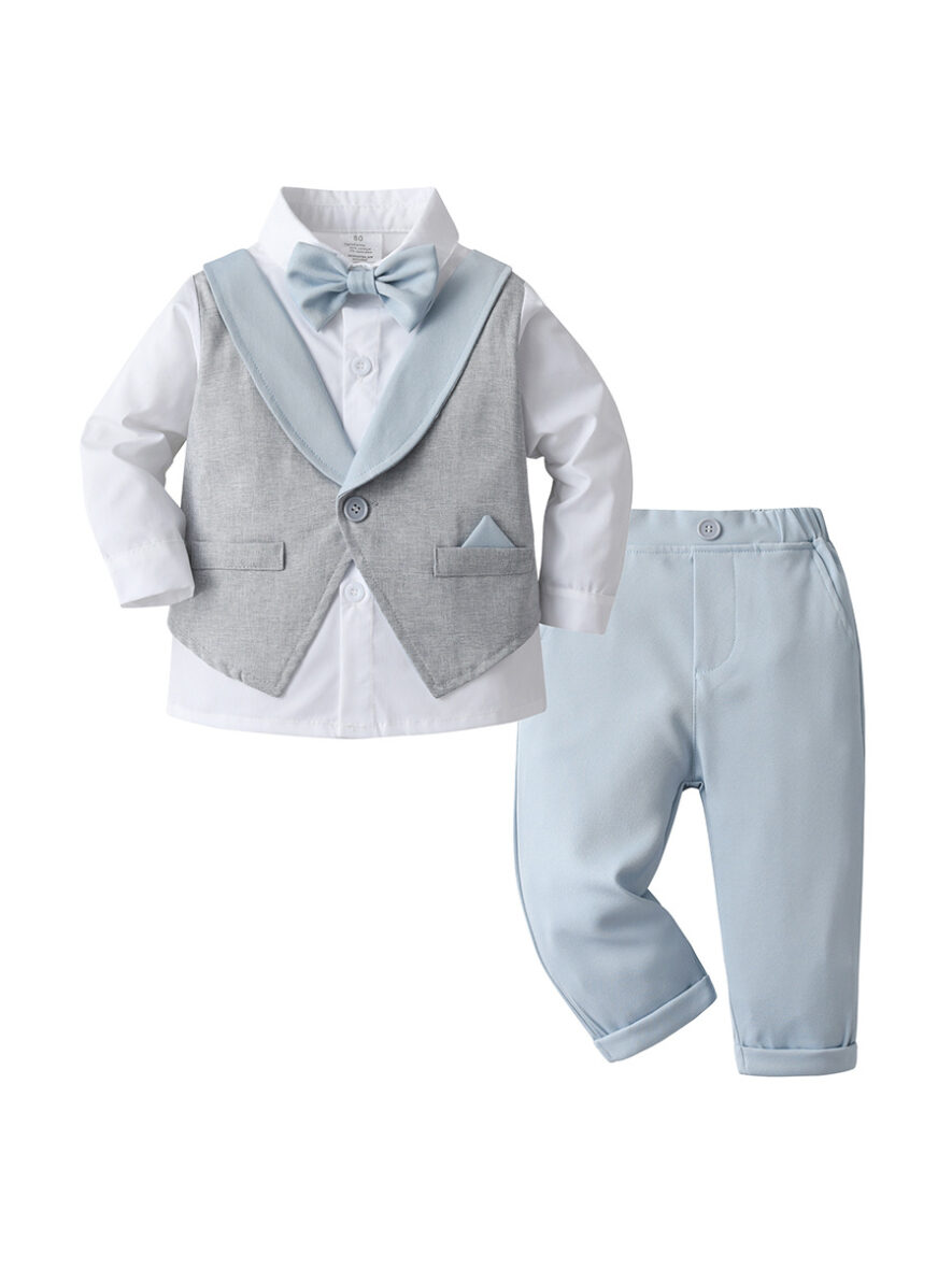 Toddler Boy Non-detachable Waist Coat Shirt And Sky Blue Trouser 2pcs