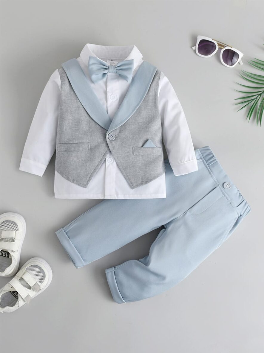 Toddler Boy Non-detachable Waist Coat Shirt And Sky Blue Trouser (4)