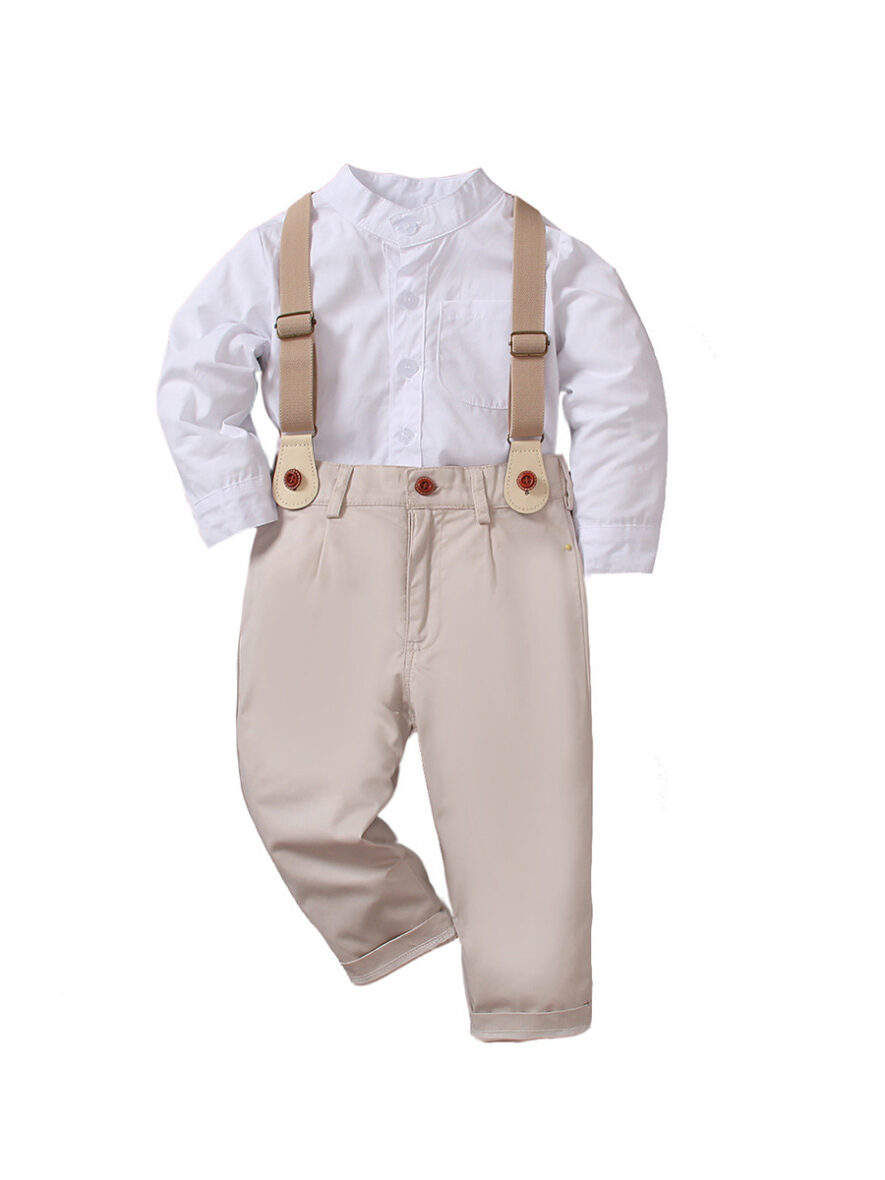 Toddler Boy White Bishop Neck Shirt With Brown Trouser/Pant And Suspender